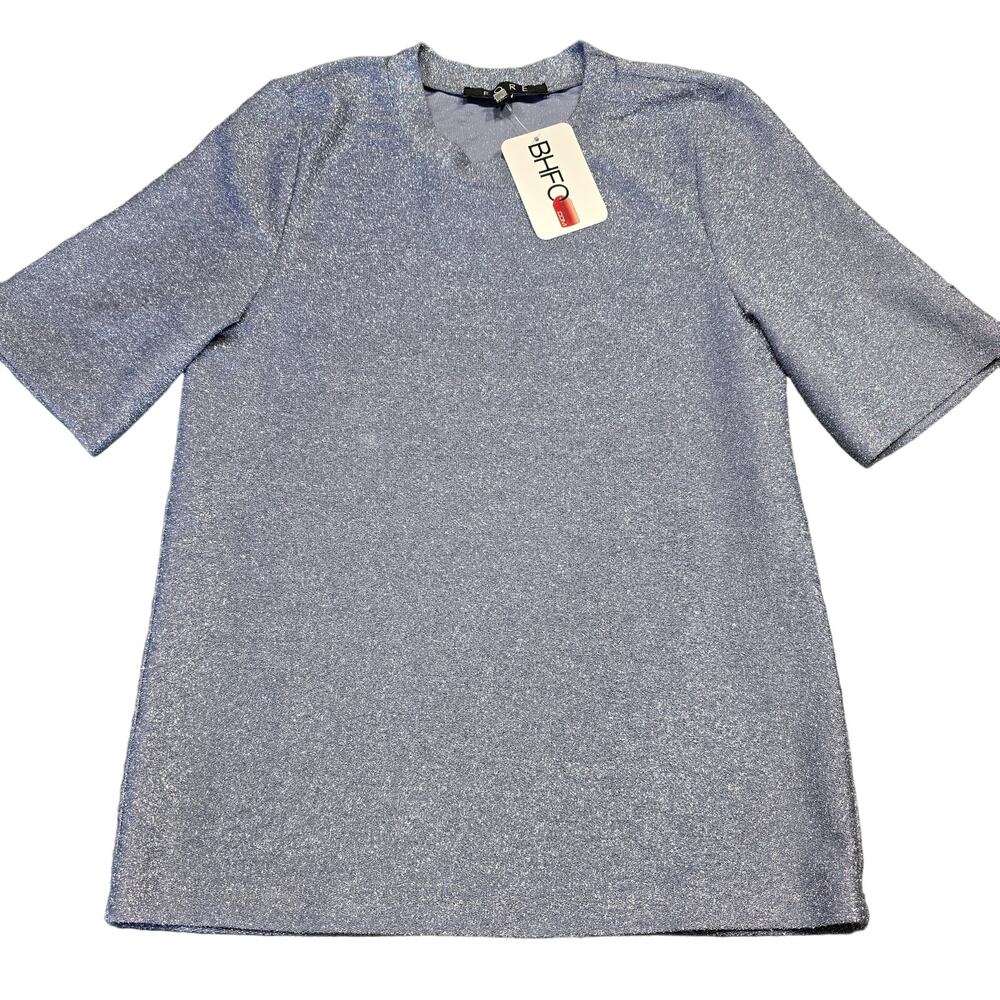 Fore Blue Silver Metallic Shirt NEW Glittery Short Sleeve Round Neck Women S Top